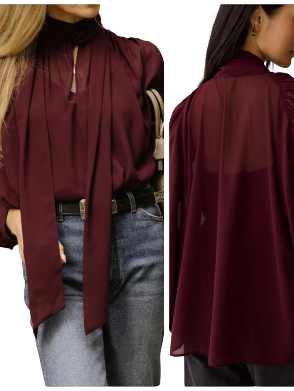 Few Moda x Hannah Chody Megan Sheer Tie Neck Blouse Burgundy S